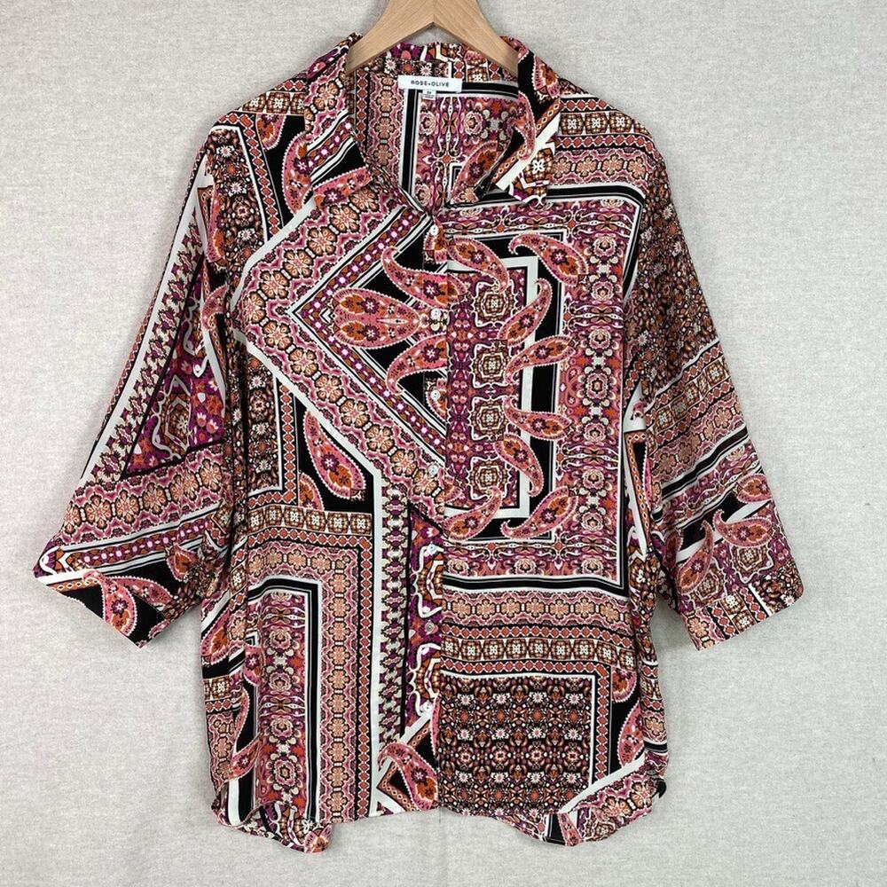 Rose +‎ Olive Womens Button Up Top Size 2X Geometric Aztec Print Boho Abstract